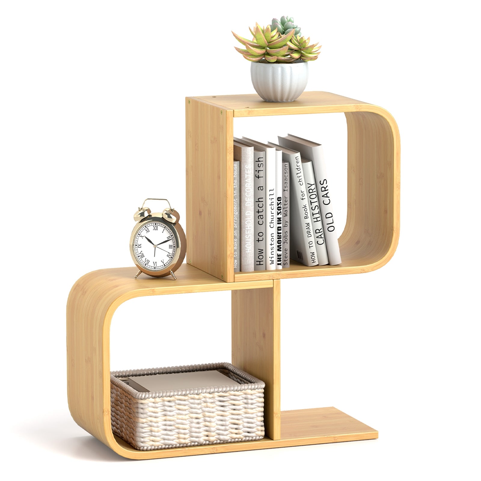 2-Tier S-Shaped Bamboo Bookcase with 2 Open Cubes for Living Room, Natural Bookcases at Gallery Canada