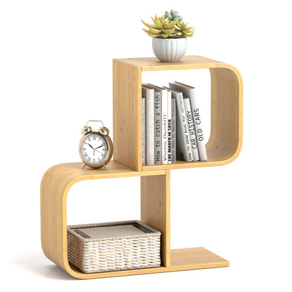 2-Tier S-Shaped Bamboo Bookcase with 2 Open Cubes for Living Room, Natural Bookcases at Gallery Canada