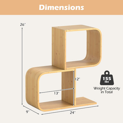 2-Tier S-Shaped Bamboo Bookcase with 2 Open Cubes for Living Room, Natural Bookcases at Gallery Canada