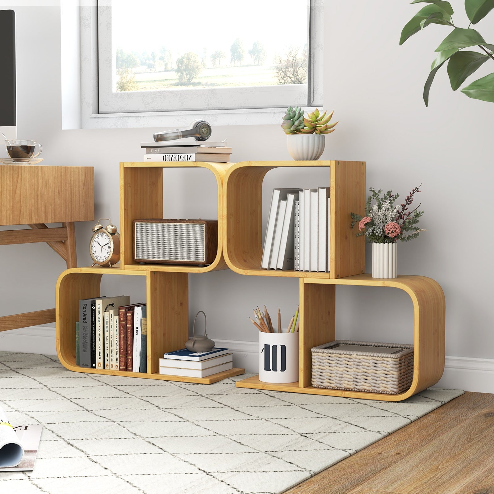 2-Tier S-Shaped Bamboo Bookcase with 2 Open Cubes for Living Room, Natural Bookcases at Gallery Canada