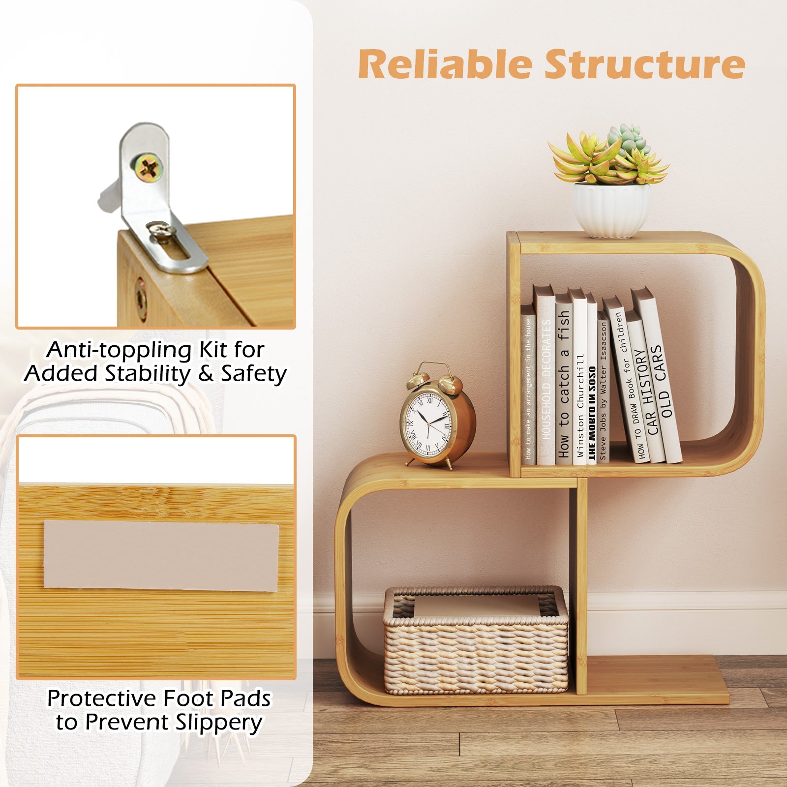 2-Tier S-Shaped Bamboo Bookcase with 2 Open Cubes for Living Room, Natural Bookcases at Gallery Canada