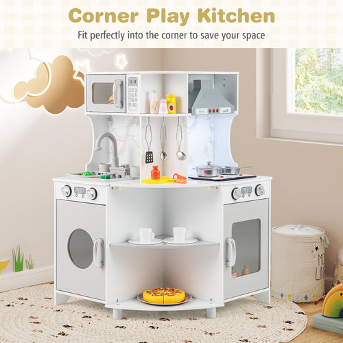 Kids Corner Wooden Play Kitchen with Range Hood and Stoves, Gray