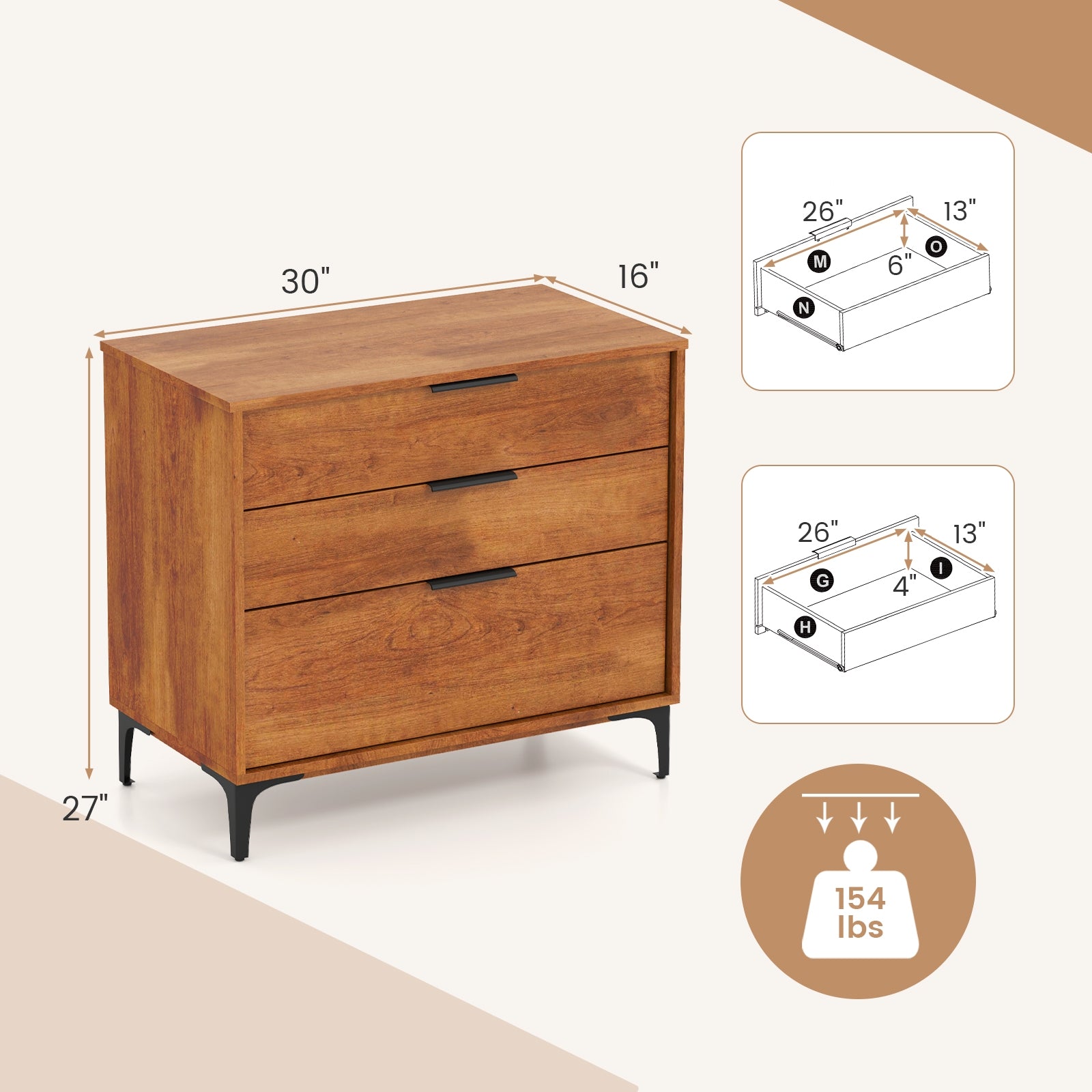3 Drawer Dresser with Interlock System for Bedroom Living Room, Cherry Dressers & Chests at Gallery Canada