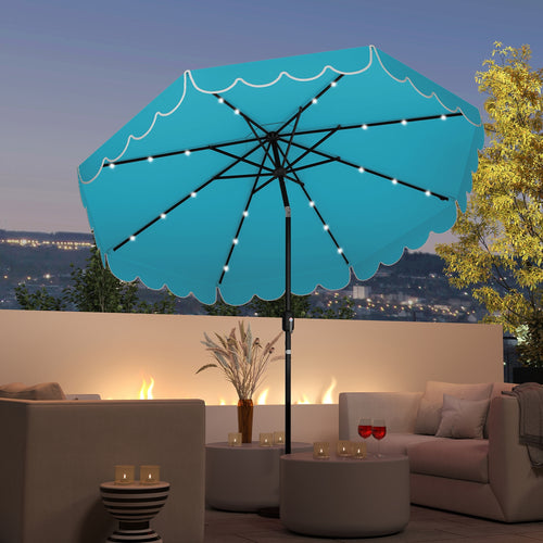 9.3 Feet Solar Patio Umbrella with 24 LED Lights Vented Top and Ruffles, Turquoise