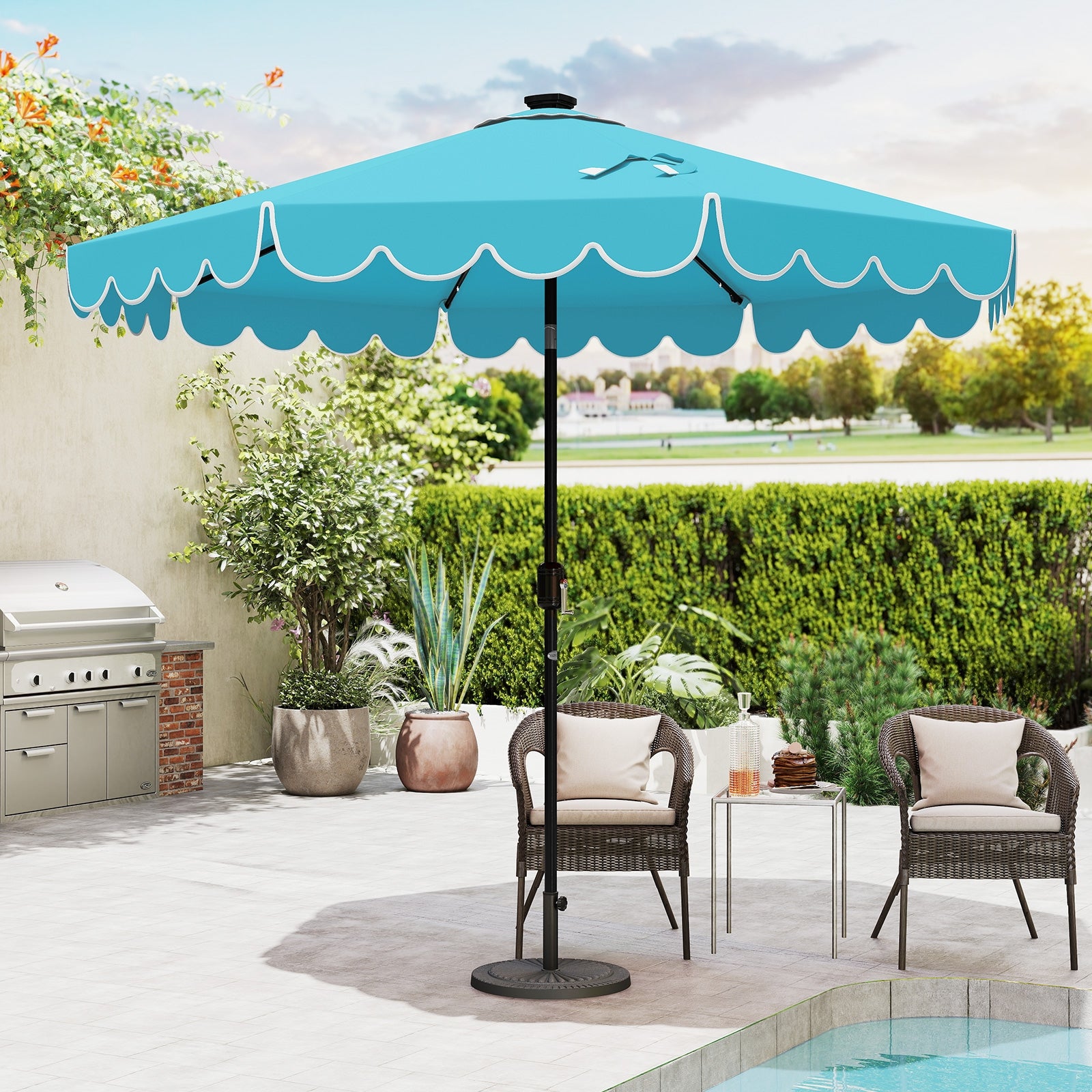 9.3 Feet Solar Patio Umbrella with 24 LED Lights Vented Top and Ruffles, Turquoise Outdoor Umbrellas at Gallery Canada