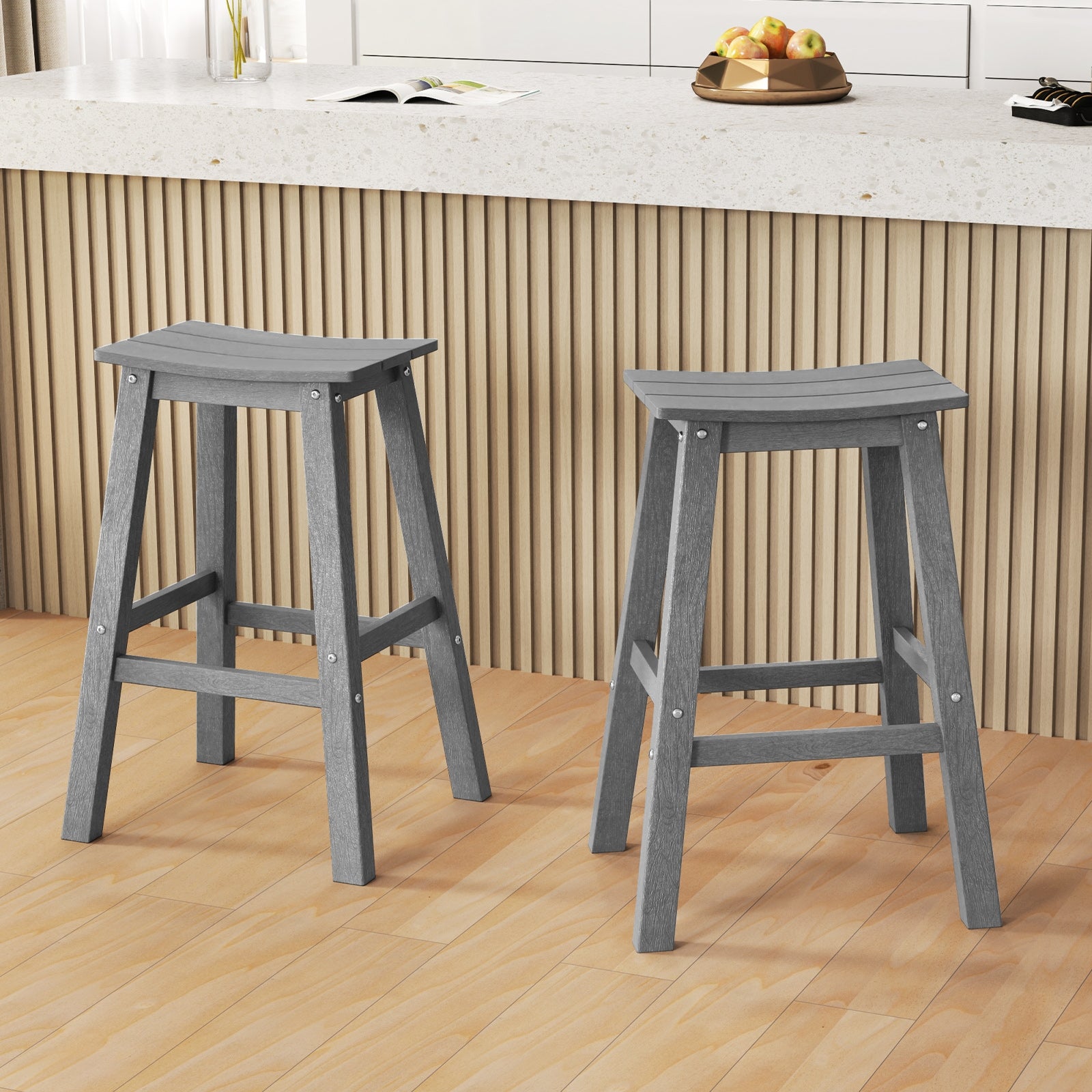 29 Inch HDPE Patio Bar Stool Set of 2 Armless Saddle Stools, Gray Bar Stools at Gallery Canada