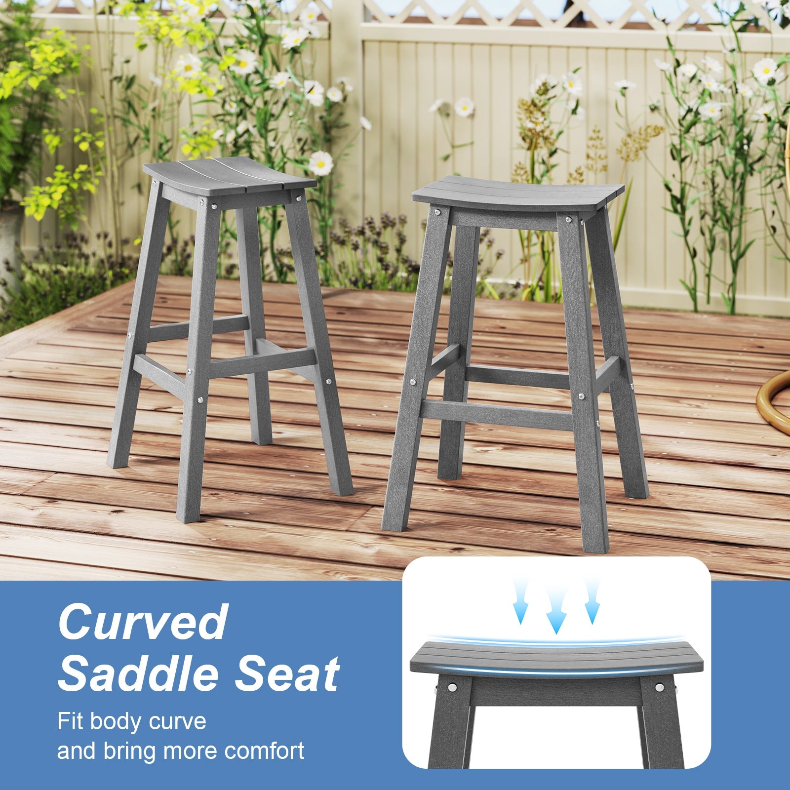 29 Inch HDPE Patio Bar Stool Set of 2 Armless Saddle Stools, Gray Bar Stools at Gallery Canada