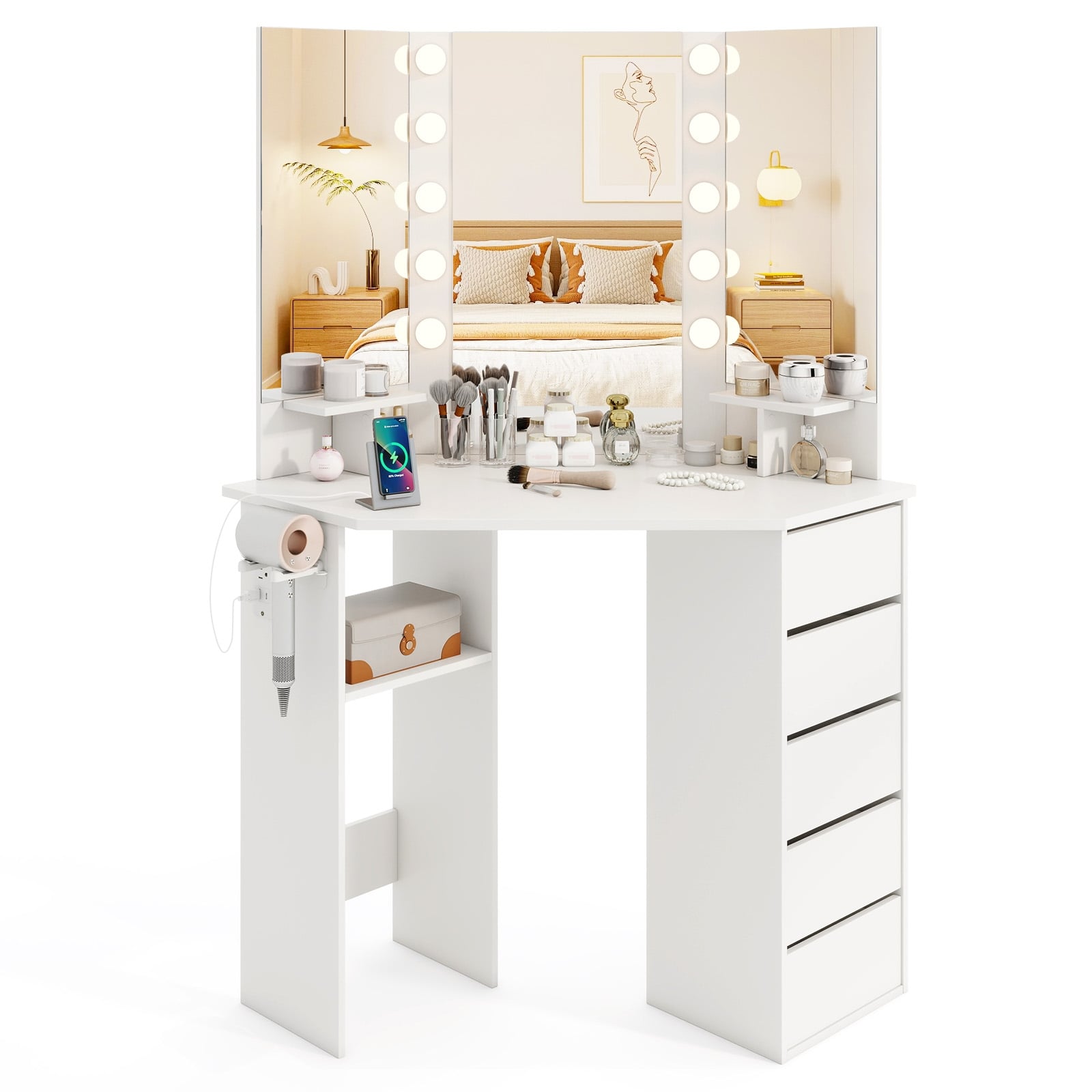 Corner Vanity Desk With LED Mirror, Power Outlet, White Makeup Vanities White at Gallery Canada