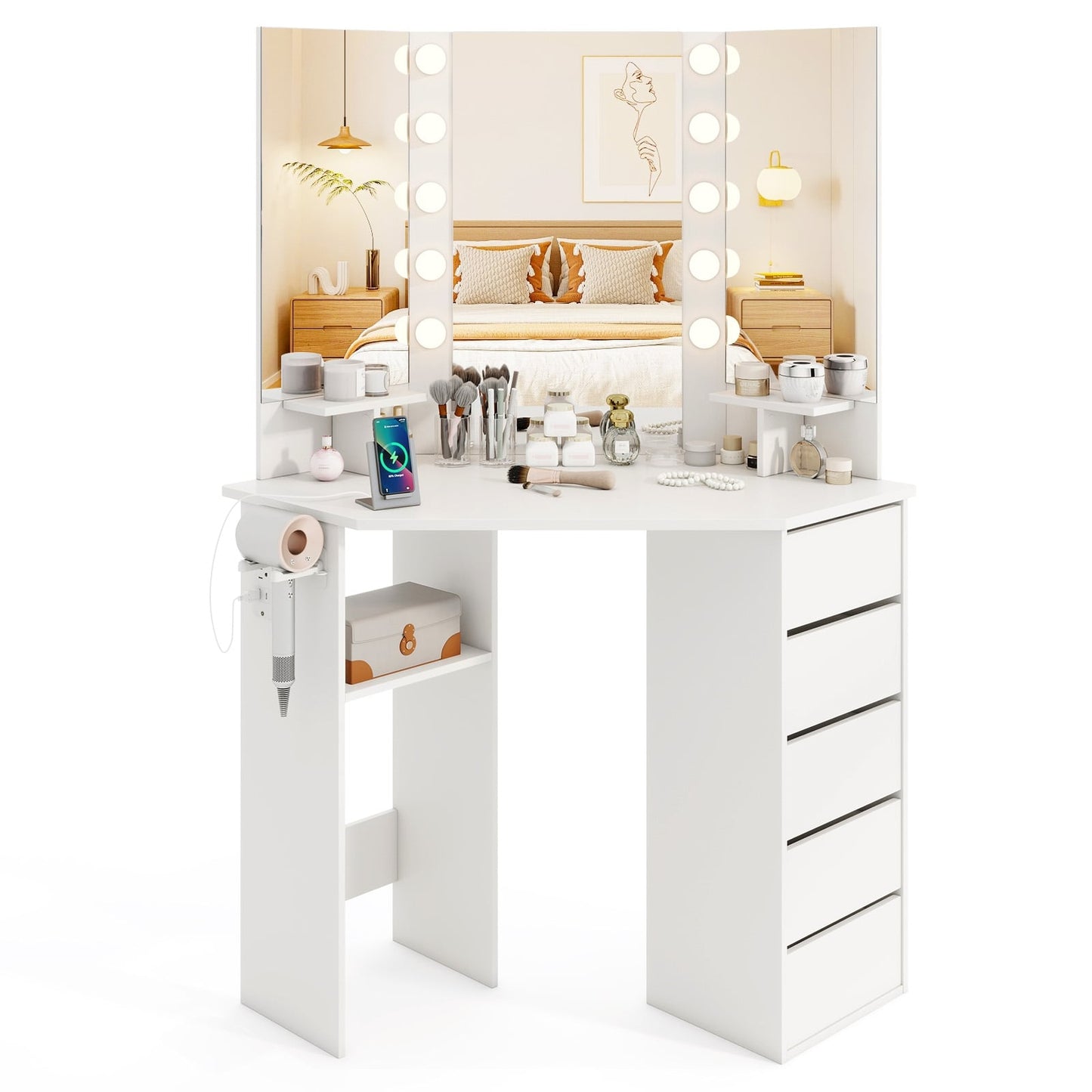 Corner Vanity Desk With LED Mirror, Power Outlet, White Makeup Vanities White at Gallery Canada