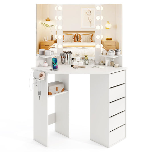 Corner Vanity Desk With LED Mirror, Power Outlet, White Makeup Vanities White at Gallery Canada