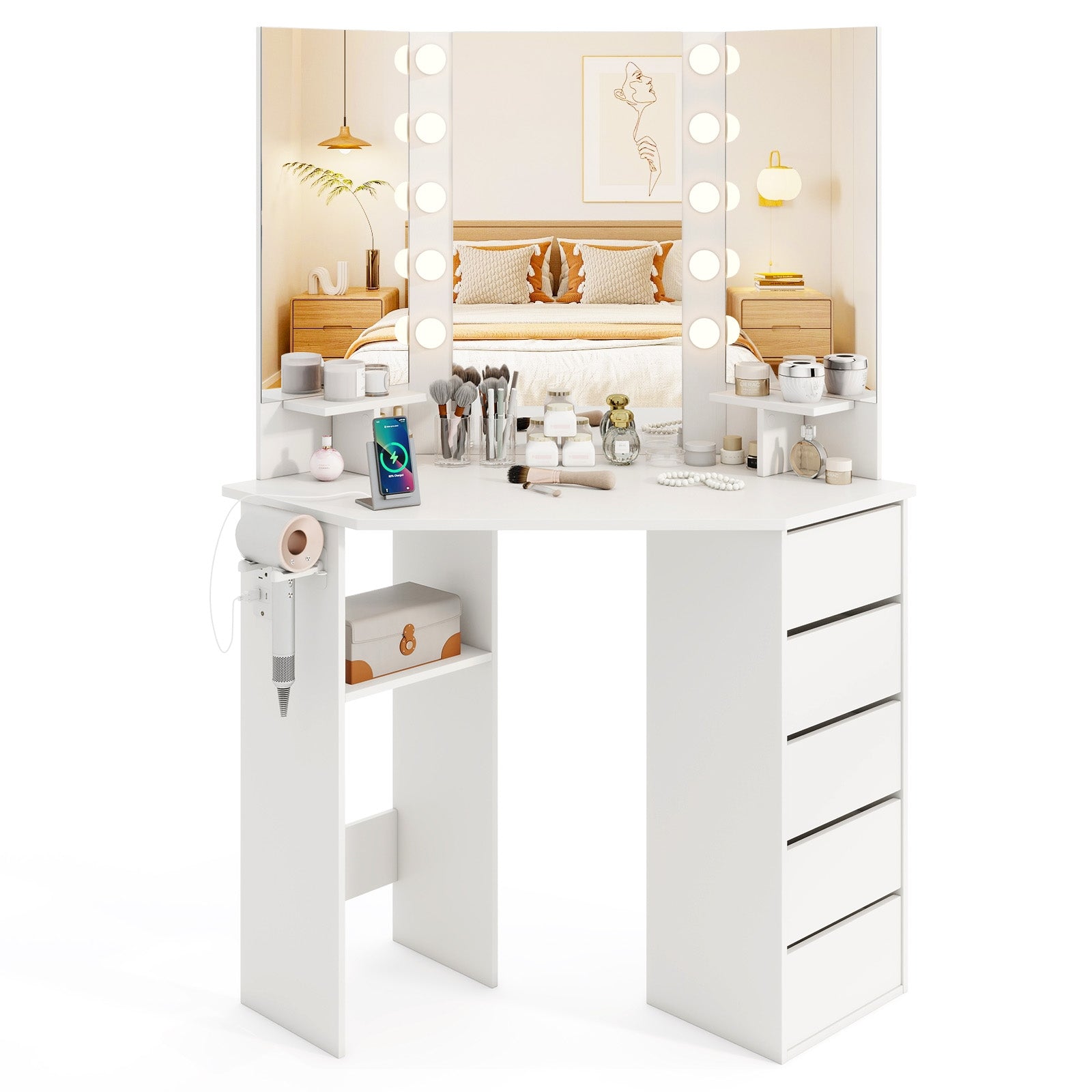 Corner Vanity Desk With LED Mirror, Power Outlet, White Makeup Vanities at Gallery Canada