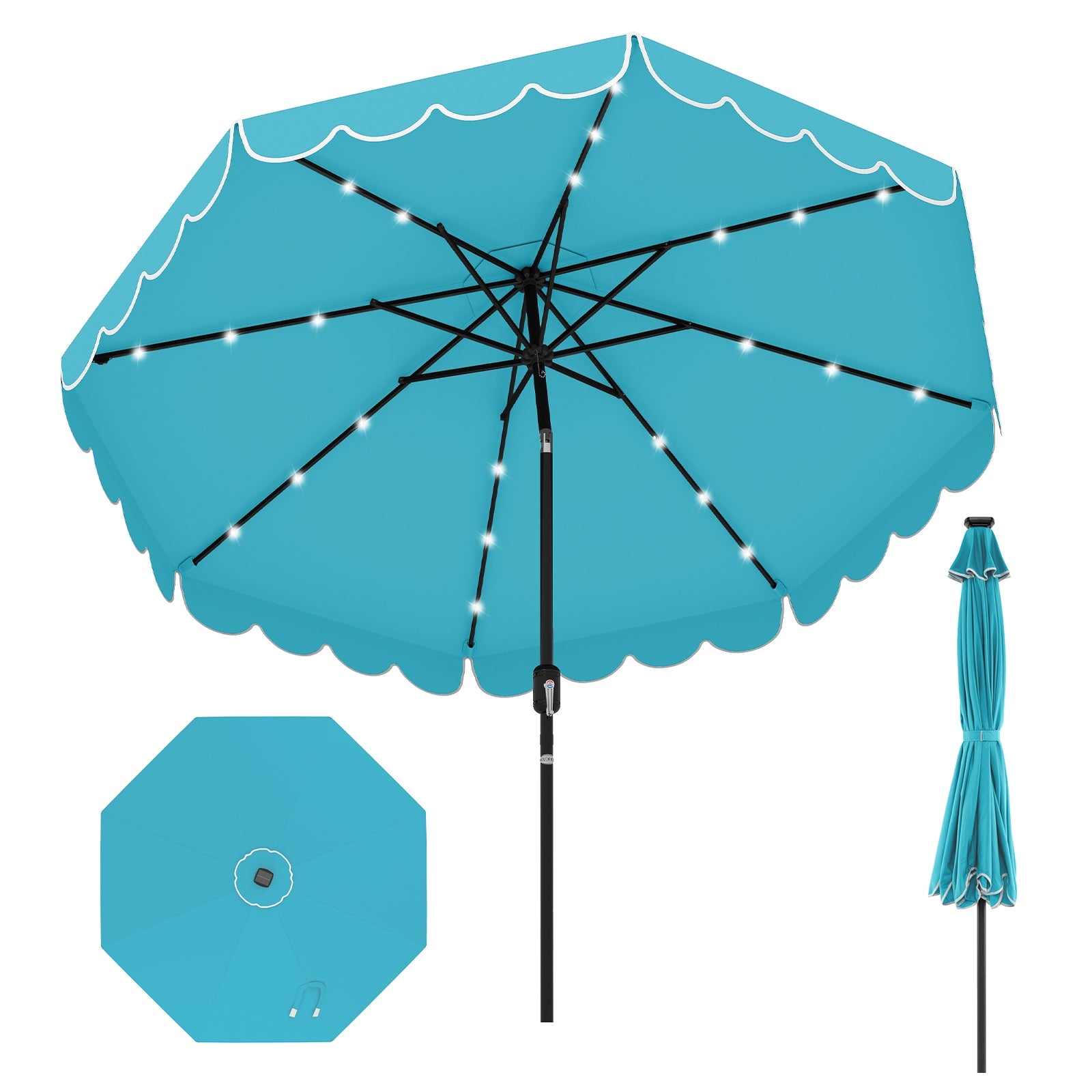 9.3 Feet Solar Patio Umbrella with 24 LED Lights Vented Top and Ruffles, Turquoise Outdoor Umbrellas at Gallery Canada