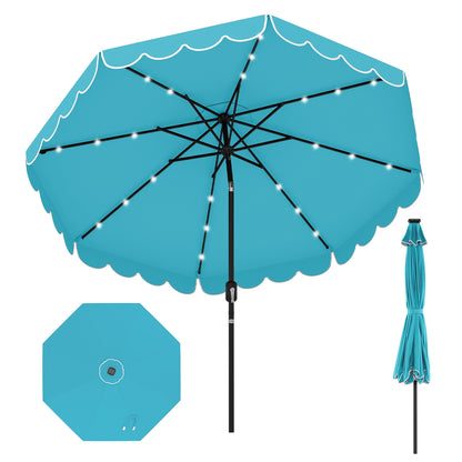 9.3 Feet Solar Patio Umbrella with 24 LED Lights Vented Top and Ruffles, Turquoise Outdoor Umbrellas at Gallery Canada