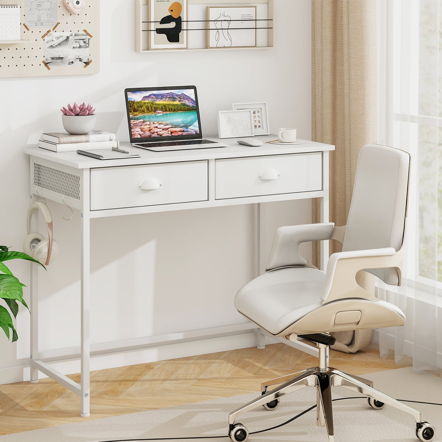 Space Saving Home Office Desk with 2 Fabric Drawers and 4 Hanging Hooks, White Computer Desks at Gallery Canada