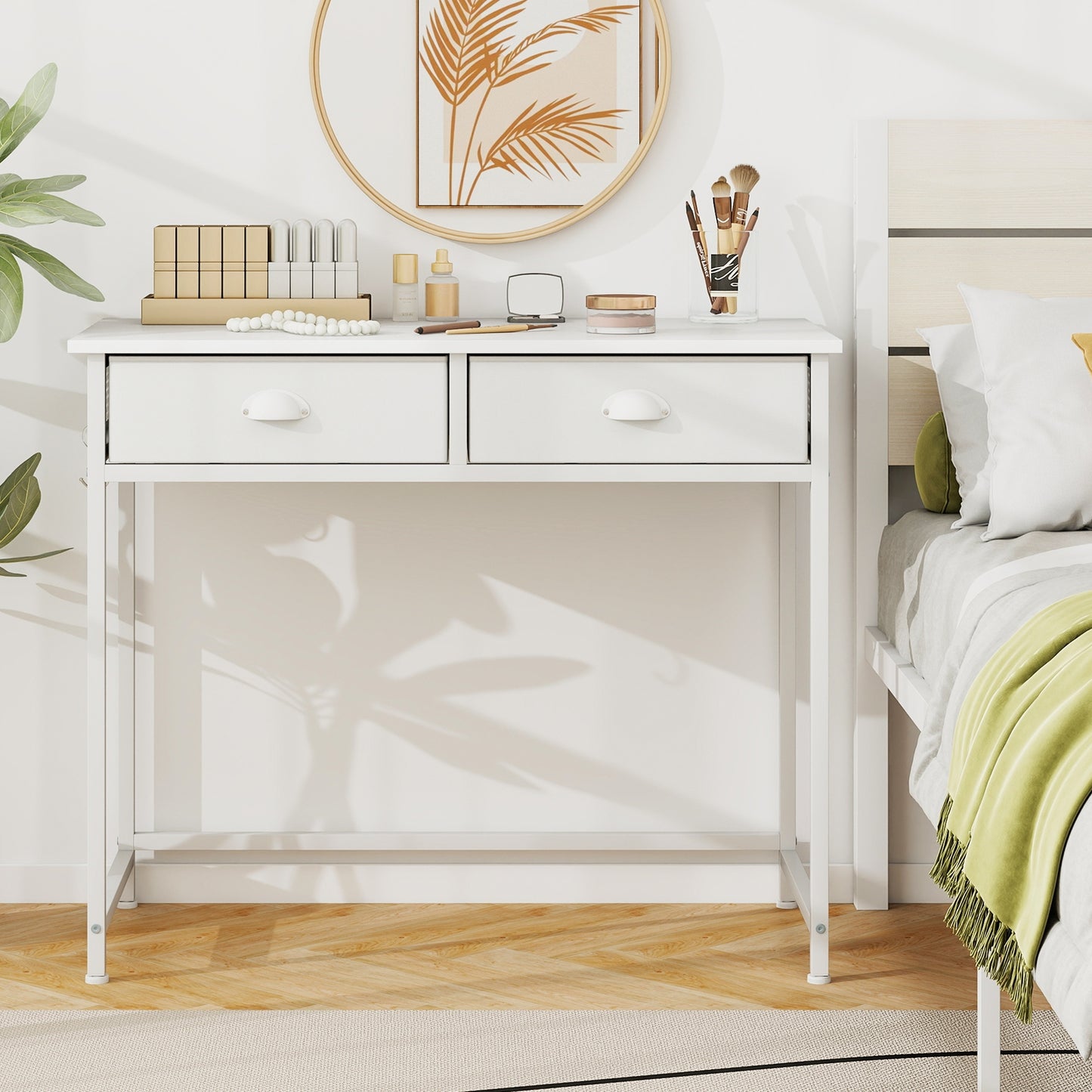 Space Saving Home Office Desk with 2 Fabric Drawers and 4 Hanging Hooks, White Computer Desks at Gallery Canada