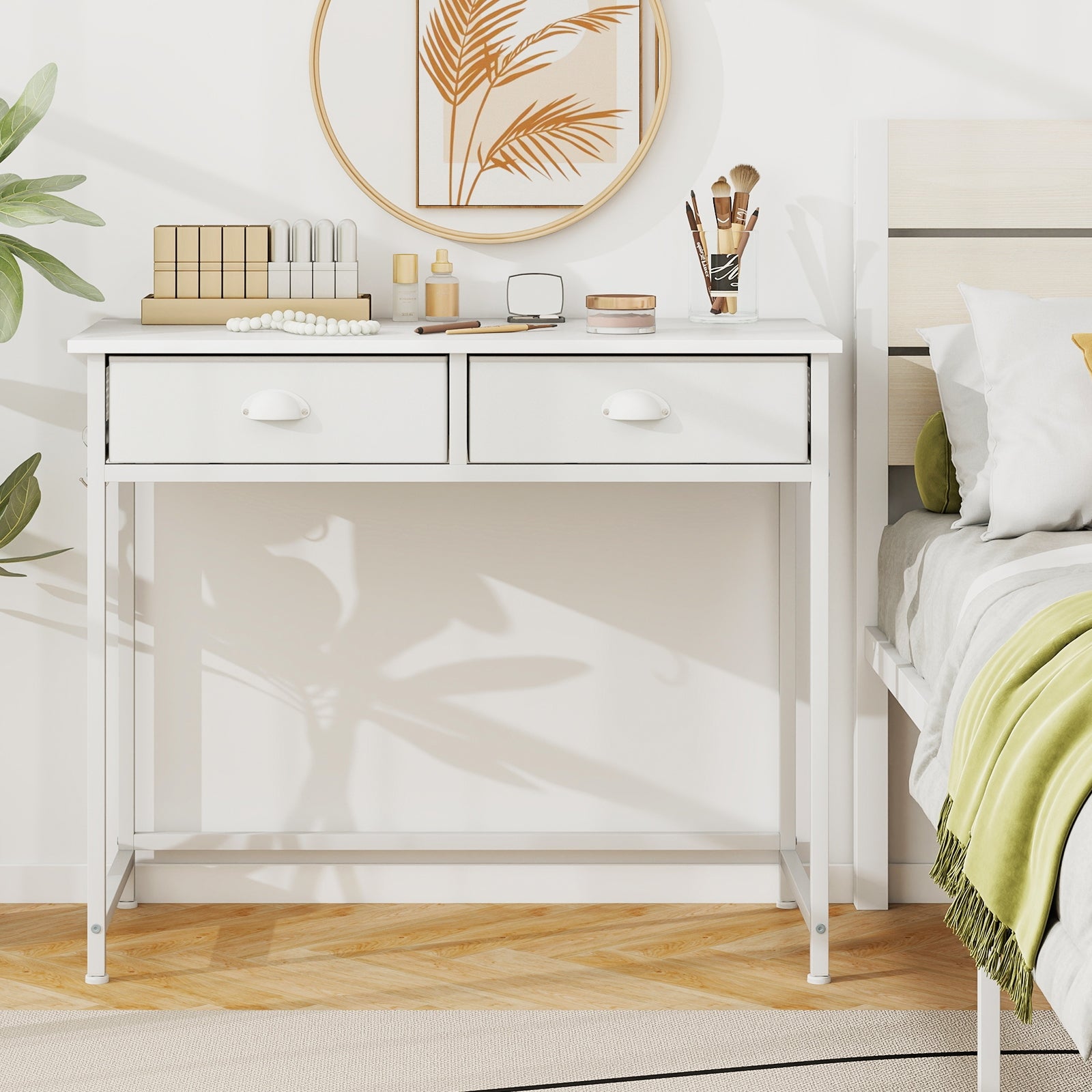 Space Saving Home Office Desk with 2 Fabric Drawers and 4 Hanging Hooks, White Computer Desks at Gallery Canada