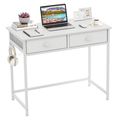 Space Saving Home Office Desk with 2 Fabric Drawers and 4 Hanging Hooks, White Computer Desks at Gallery Canada