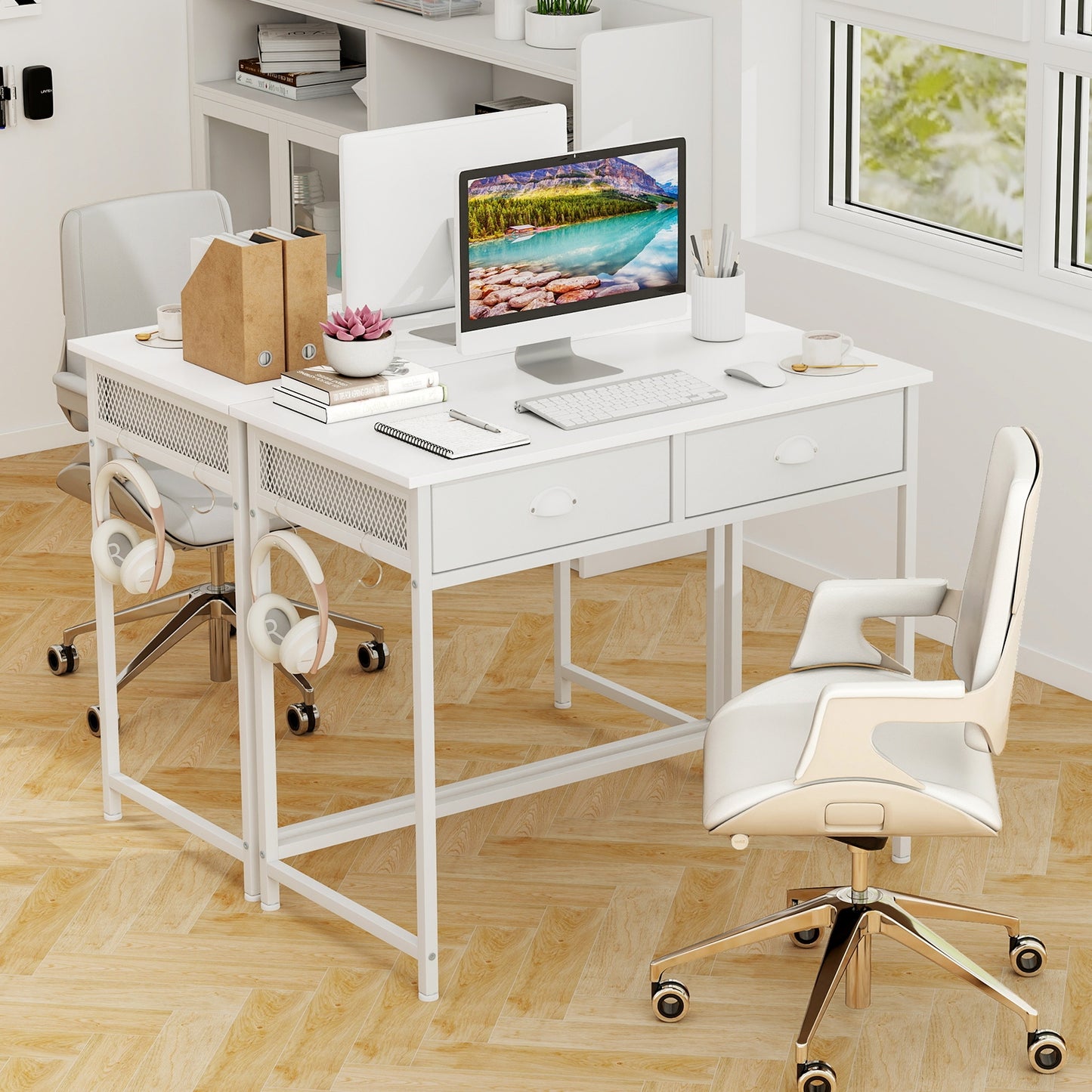 Space Saving Home Office Desk with 2 Fabric Drawers and 4 Hanging Hooks, White Computer Desks at Gallery Canada