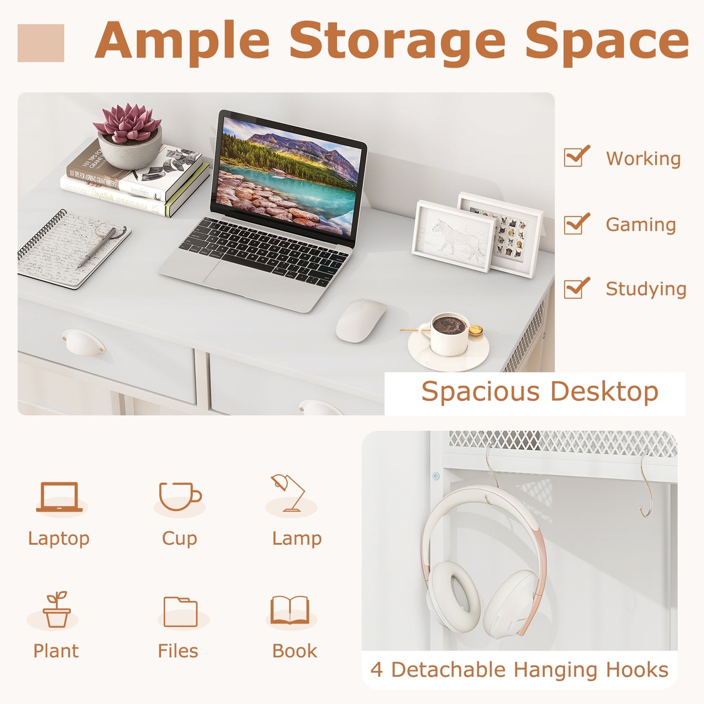 Space Saving Home Office Desk with 2 Fabric Drawers and 4 Hanging Hooks, White Computer Desks at Gallery Canada
