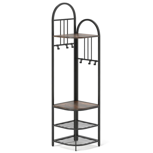 4-Tier Coat Rack Corner Hall Tree with Shoe Storage Bench, Rustic Brown