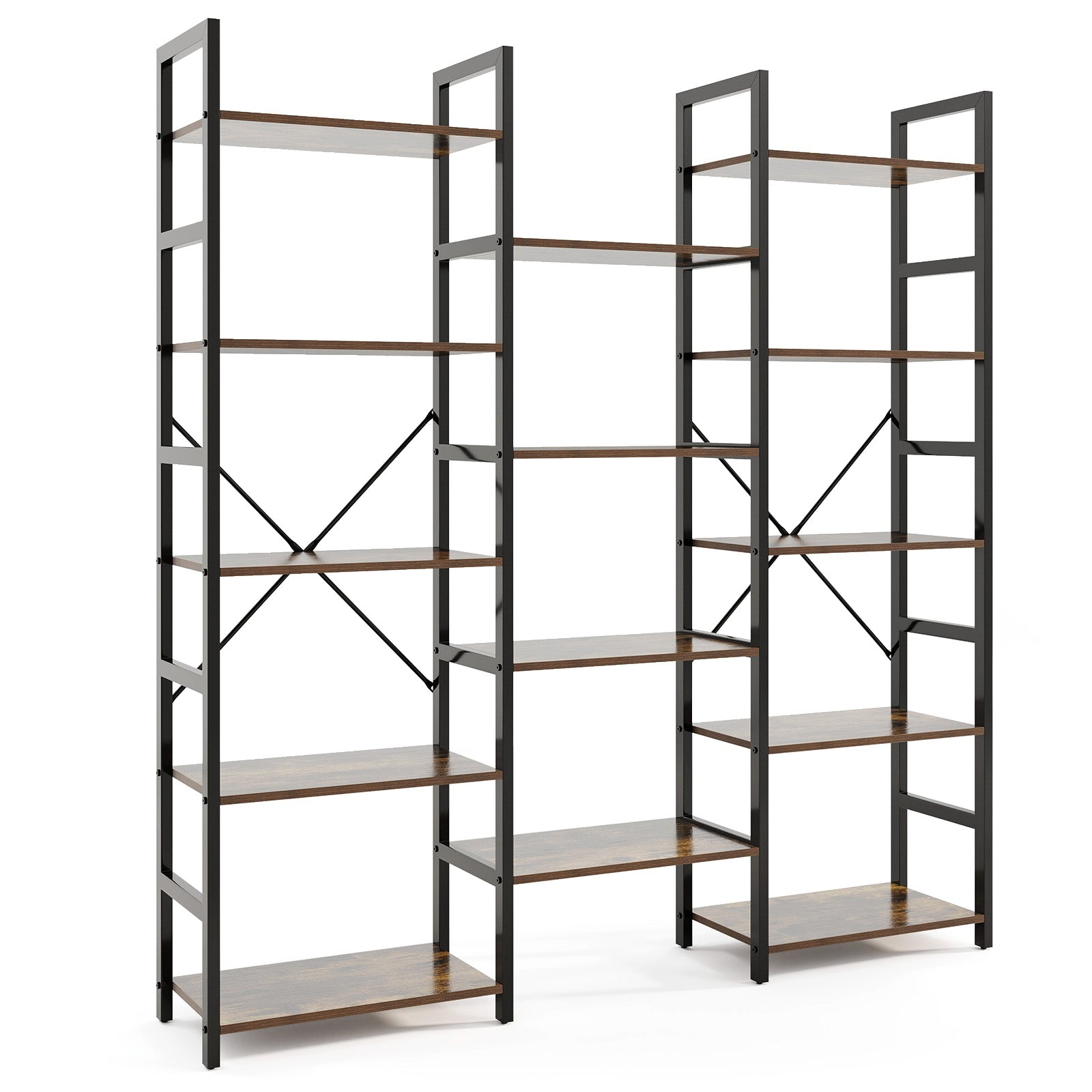 5-Tier Triple Wide Heavy-Duty Metal Frame Industrial Bookshelf, Rustic Brown Bookcases at Gallery Canada