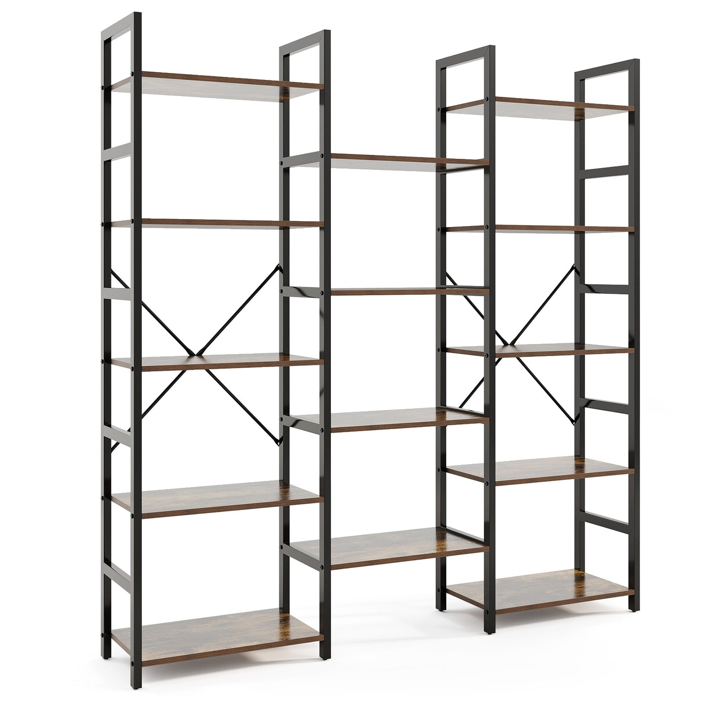 5-Tier Triple Wide Heavy-Duty Metal Frame Industrial Bookshelf, Rustic Brown Bookcases at Gallery Canada