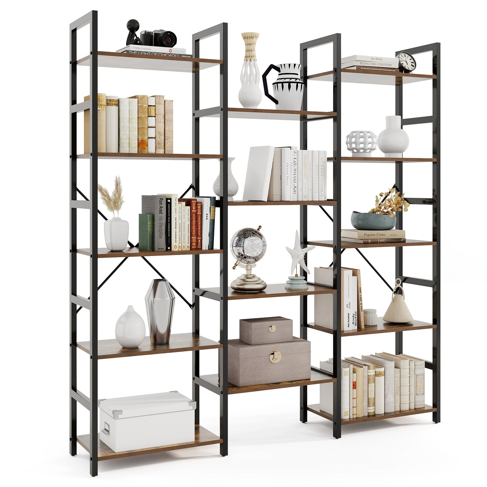 5-tier Triple Wide Heavy-duty Metal Frame Industrial Bookshelf, Rustic Brown Bookcases at Gallery Canada