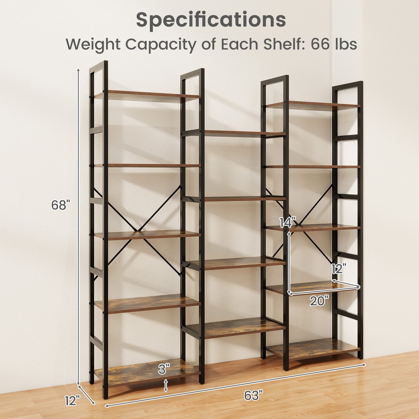 5-tier Triple Wide Heavy-duty Metal Frame Industrial Bookshelf, Rustic Brown Bookcases at Gallery Canada