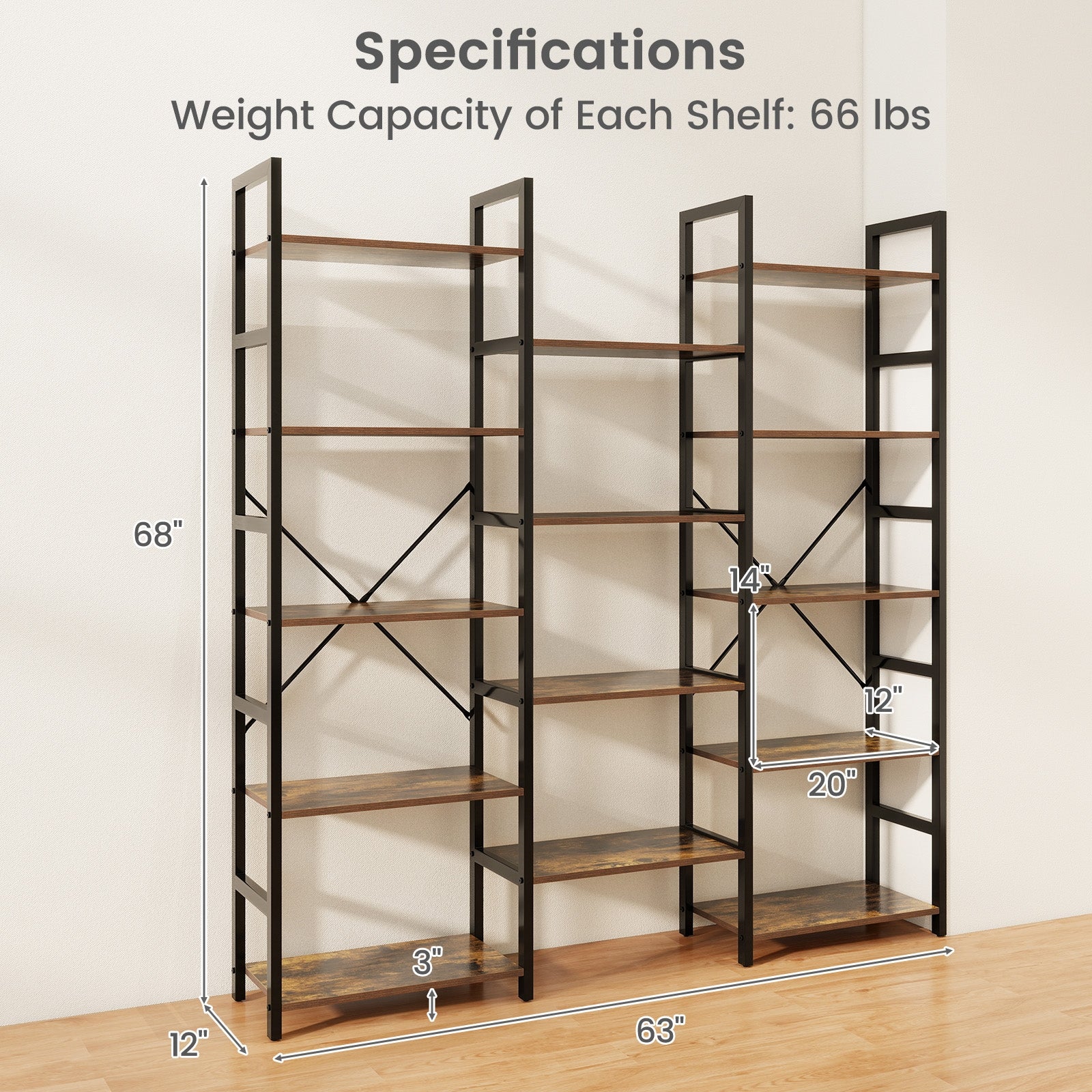 5-tier Triple Wide Heavy-duty Metal Frame Industrial Bookshelf, Rustic Brown Bookcases at Gallery Canada