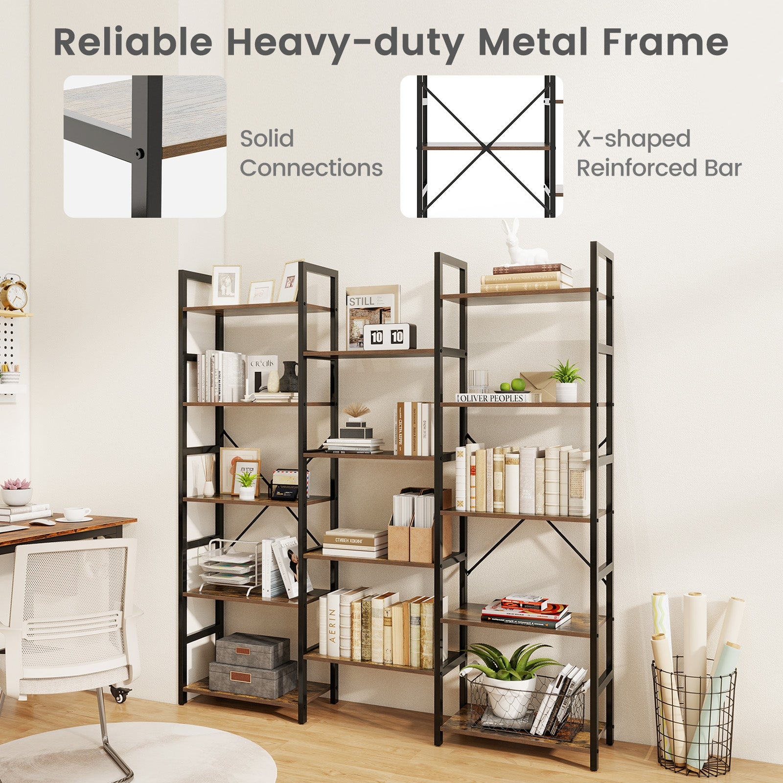 5-tier Triple Wide Heavy-duty Metal Frame Industrial Bookshelf, Rustic Brown Bookcases at Gallery Canada