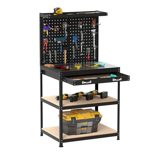 32 x 16 Inch Workbench Table, With Pegboard Drawer and Shelves, Black Garages Black at Gallery Canada