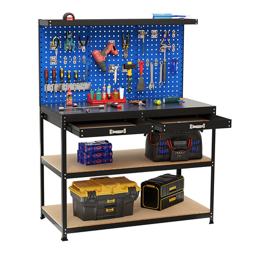 48 x 24 Inch Workbench Work Table with 3 PCs Pegboard Drawer and Shelves, Navy