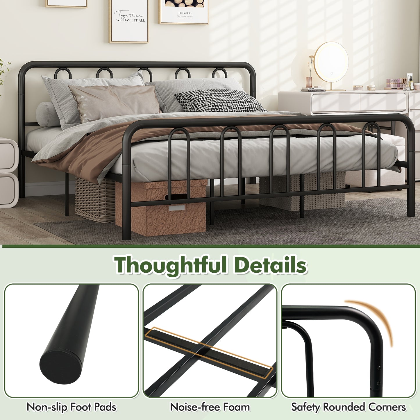 Full/Queen Size Metal Bed Frame with Headboard and Footboard-King Size, Black Simple Bed Frame at Gallery Canada