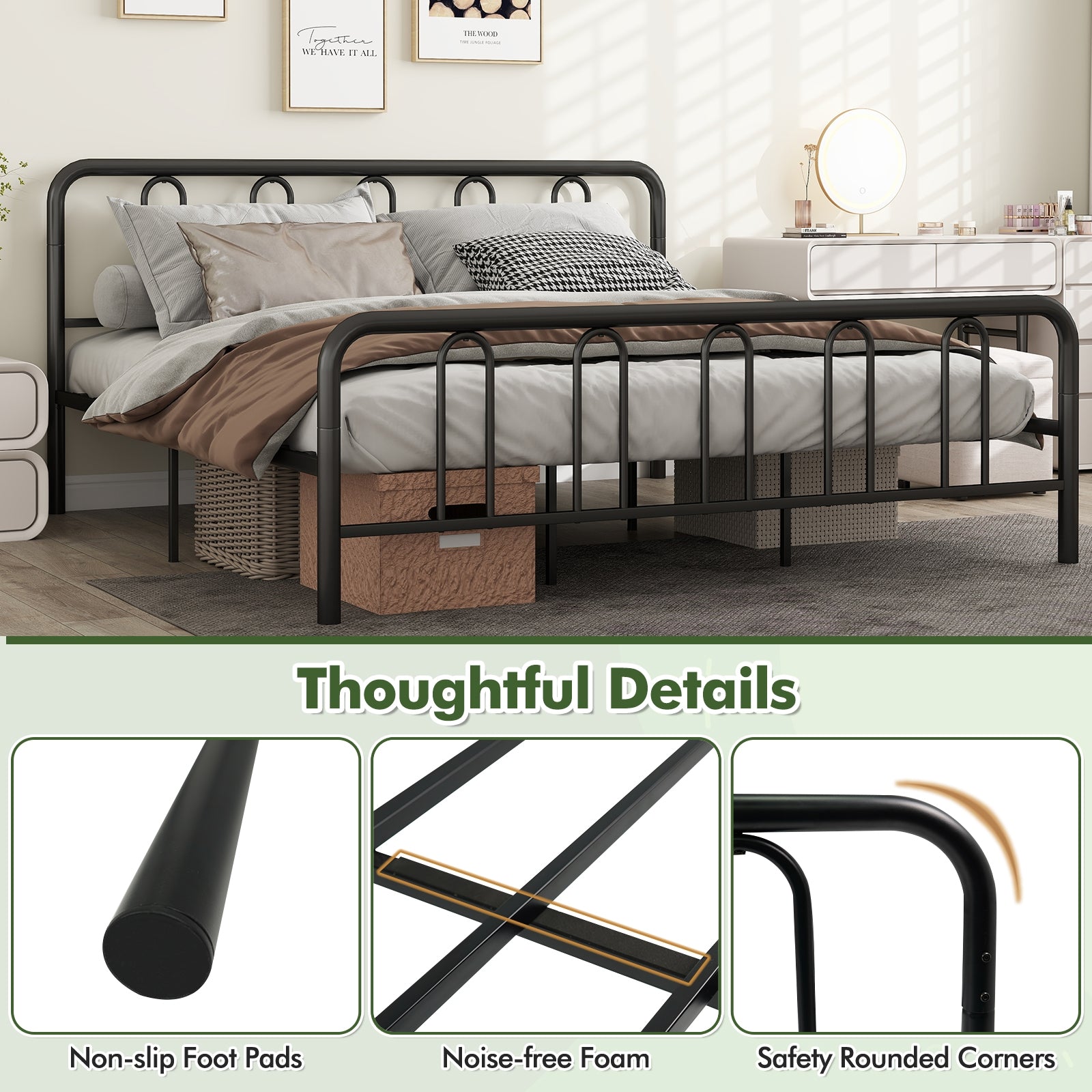 Full/Queen Size Metal Bed Frame with Headboard and Footboard-King Size, Black Simple Bed Frame at Gallery Canada