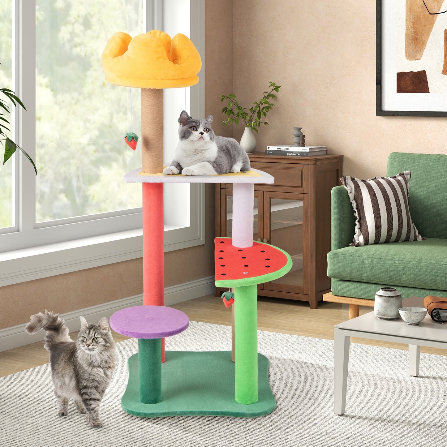 45 Inch Multi-Level Cat Tree with Plush Padded Top Perch and Fruit-Shaped Platforms, Multicolor Cat Trees Condos & Scratchers at Gallery Canada