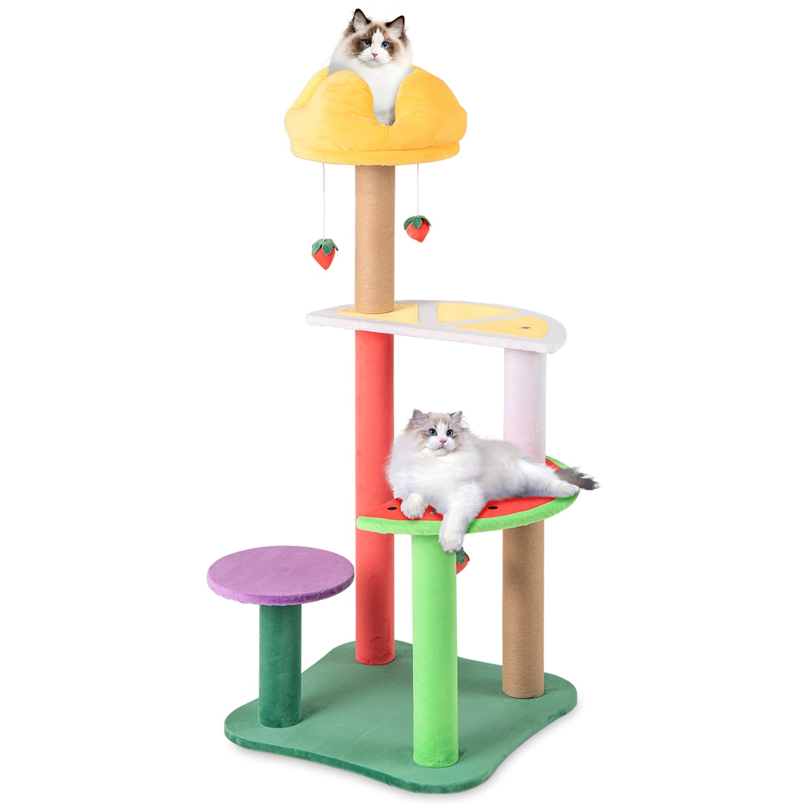 45 Inch Multi-Level Cat Tree with Plush Padded Top Perch and Fruit-Shaped Platforms, Multicolor Cat Trees Condos & Scratchers at Gallery Canada