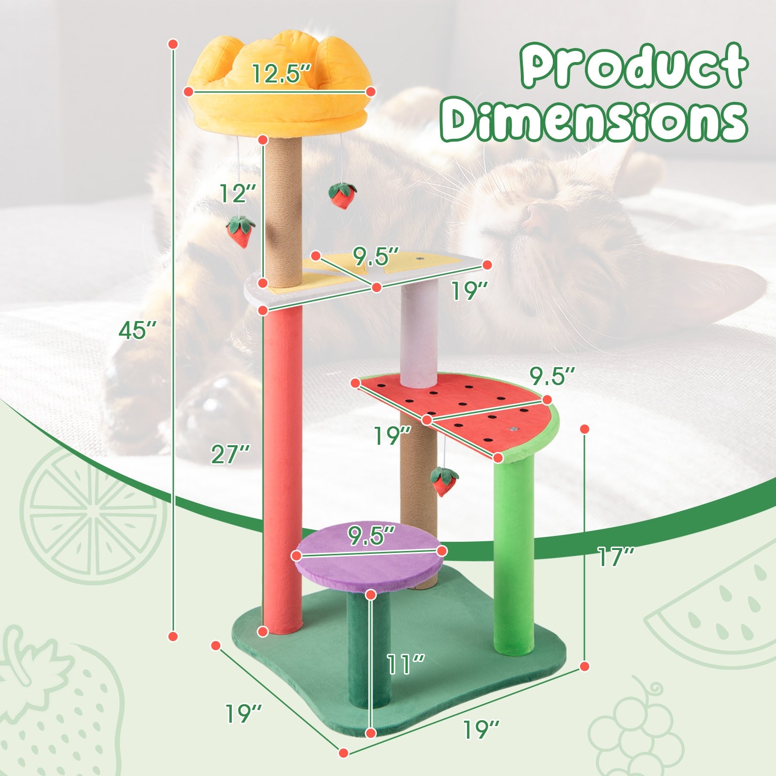 45 Inch Multi-Level Cat Tree with Plush Padded Top Perch and Fruit-Shaped Platforms, Multicolor Cat Trees Condos & Scratchers at Gallery Canada