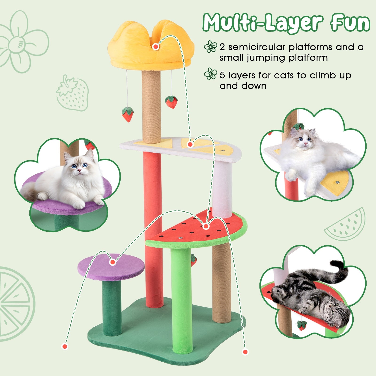 45 Inch Multi-Level Cat Tree with Plush Padded Top Perch and Fruit-Shaped Platforms, Multicolor Cat Trees Condos & Scratchers at Gallery Canada