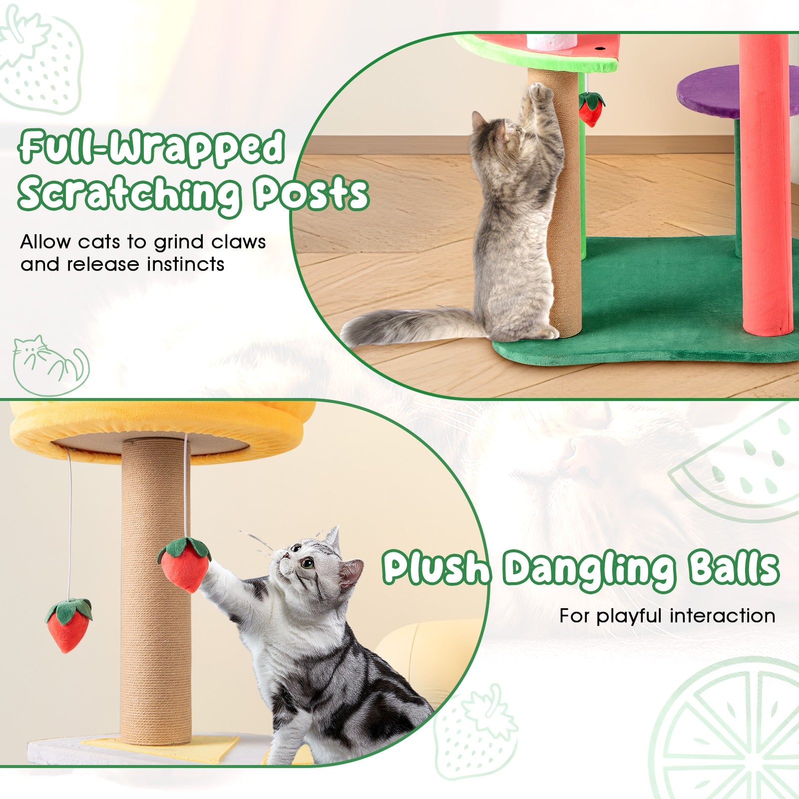 45 Inch Multi-Level Cat Tree with Plush Padded Top Perch and Fruit-Shaped Platforms, Multicolor Cat Trees Condos & Scratchers at Gallery Canada