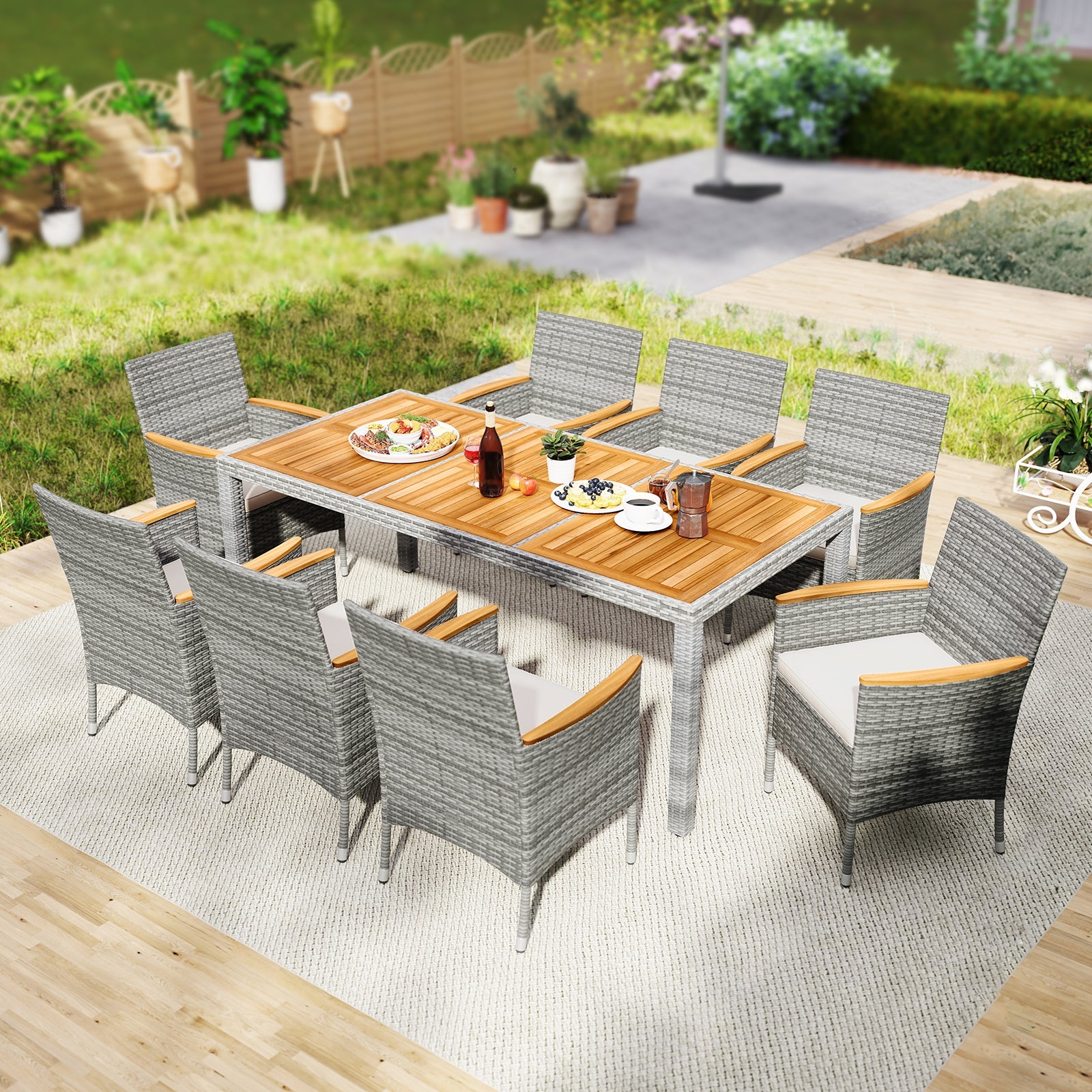 9 Pieces Patio PE Wicker Dining Set for Deck Garden and Yard, White Patio Dining Sets at Gallery Canada
