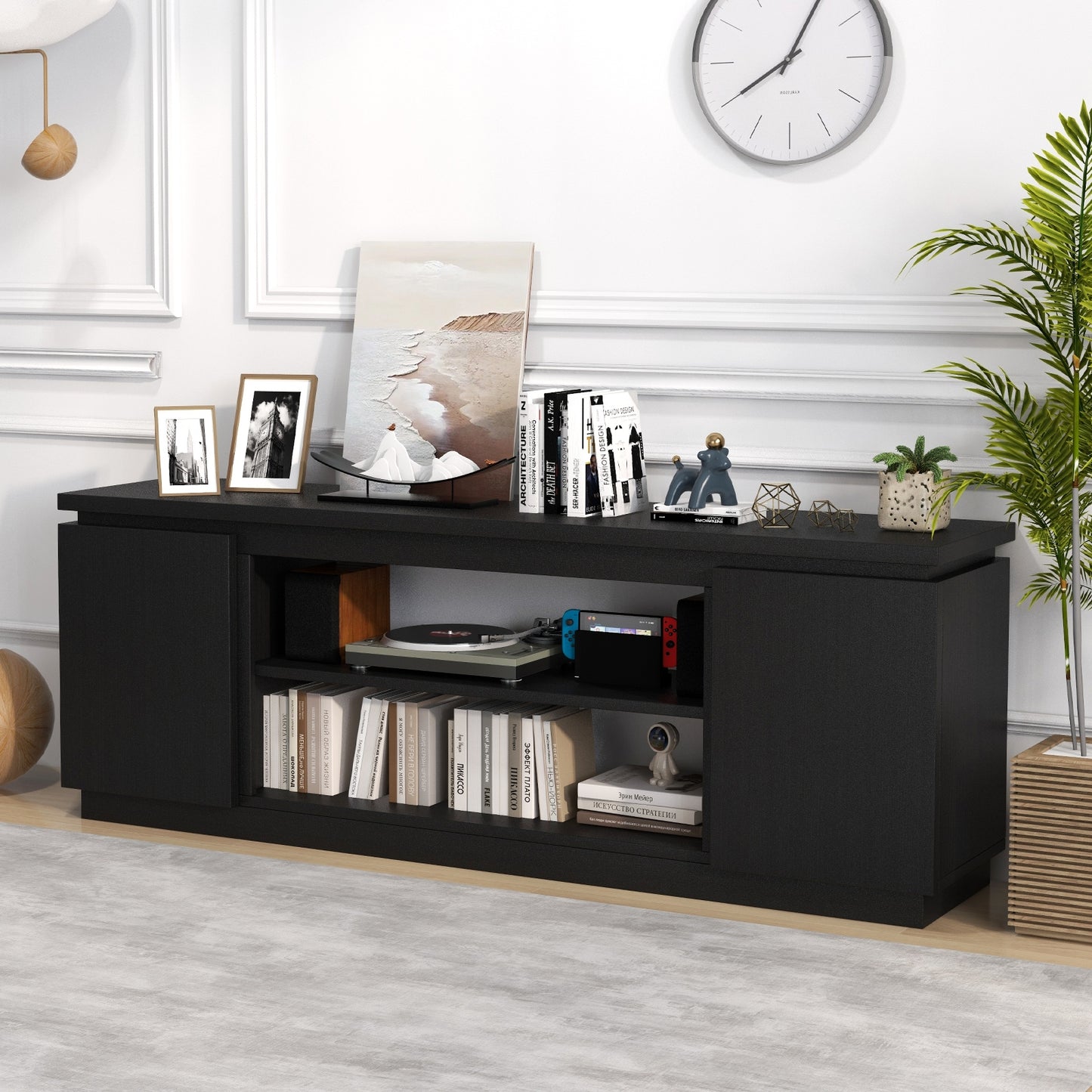TV Cabinet With 3 Adjustable Shelves, Anti-Tipping Kits, 80 Inch, Black Entertainment Centers & TV Stands at Gallery Canada