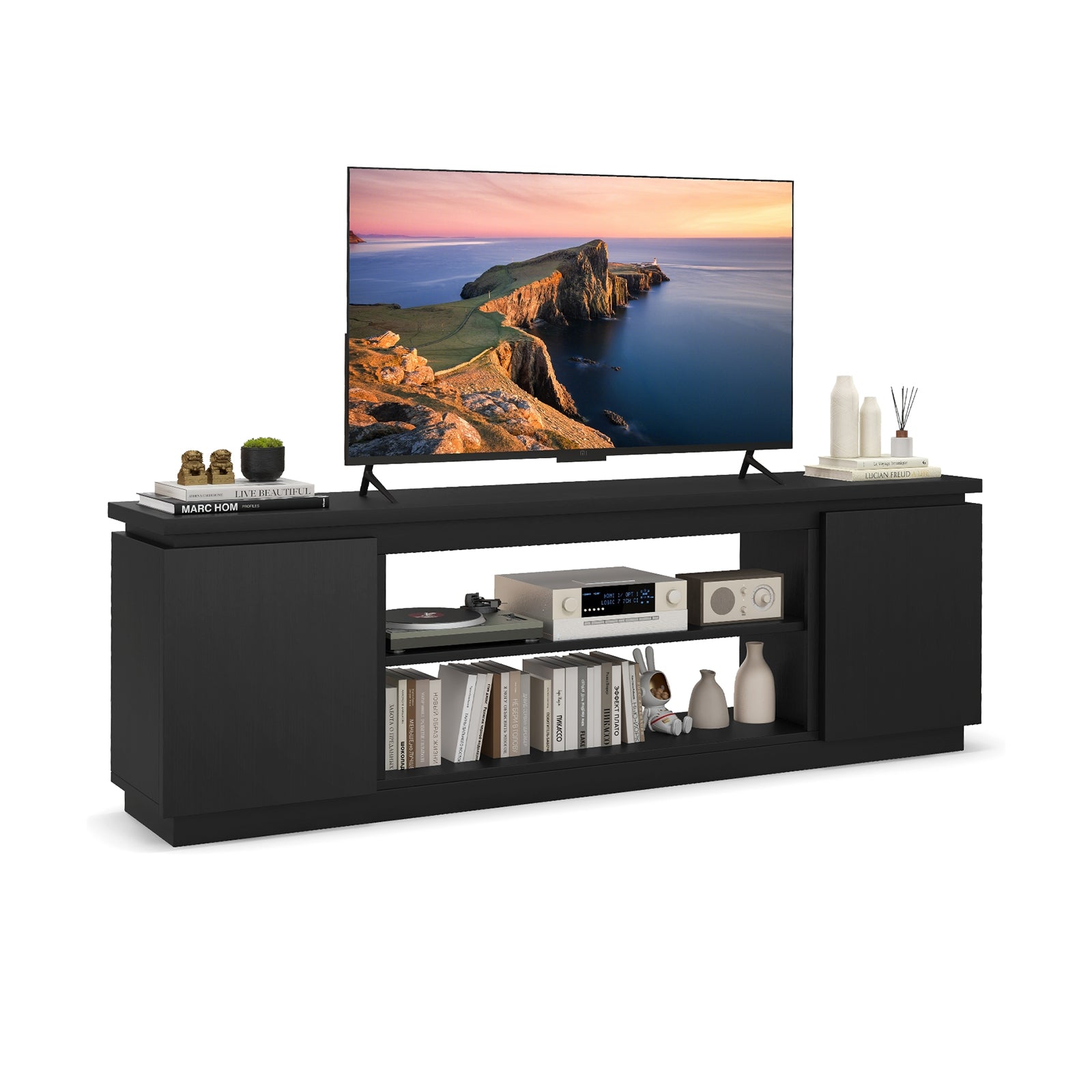 TV Cabinet With 3 Adjustable Shelves, Anti-Tipping Kits, 80 Inch, Black Entertainment Centers & TV Stands Black at Gallery Canada