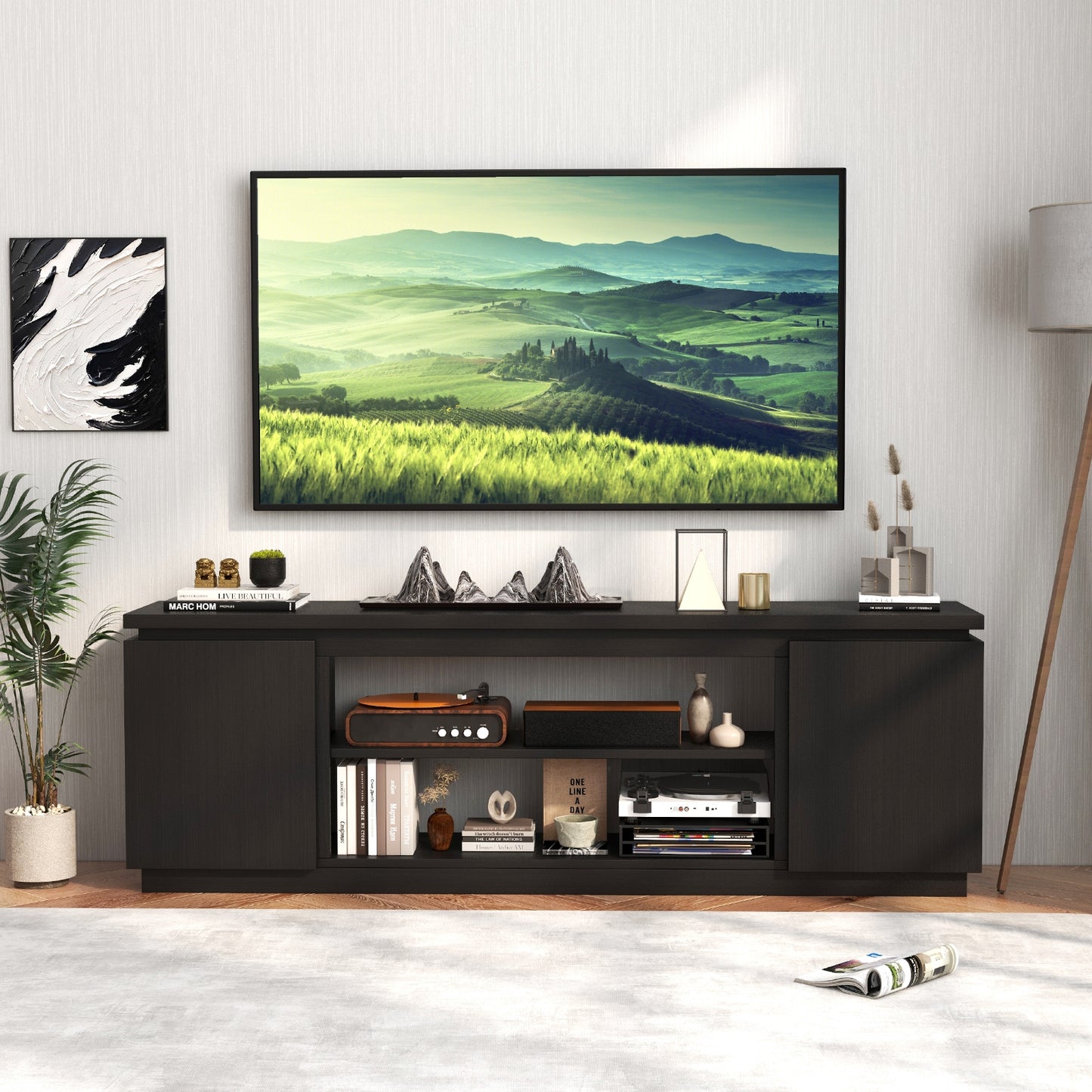 TV Cabinet With 3 Adjustable Shelves, Anti-Tipping Kits, 80 Inch, Black Entertainment Centers & TV Stands at Gallery Canada