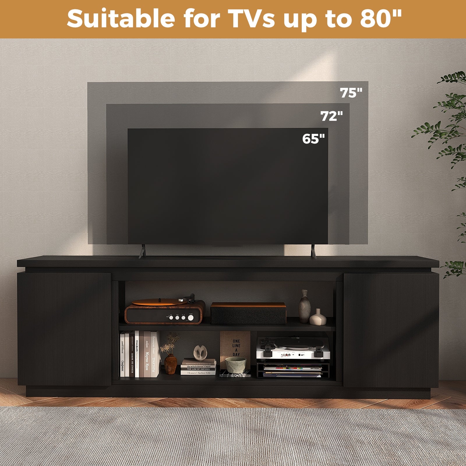 TV Cabinet With 3 Adjustable Shelves, Anti-Tipping Kits, 80 Inch, Black Entertainment Centers & TV Stands at Gallery Canada
