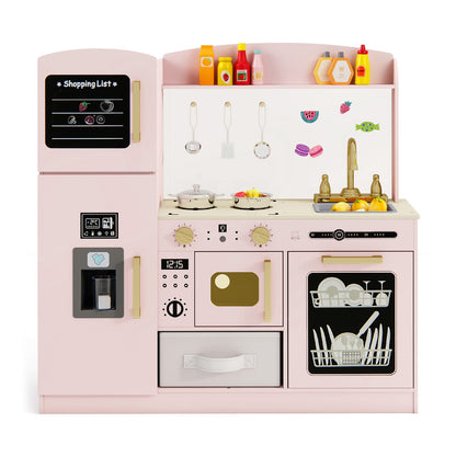 Wooden Kids Kitchen Playset with Chalkboard Ice Maker Sink Lighted Microwave, Pink Play Kitchen Sets at Gallery Canada