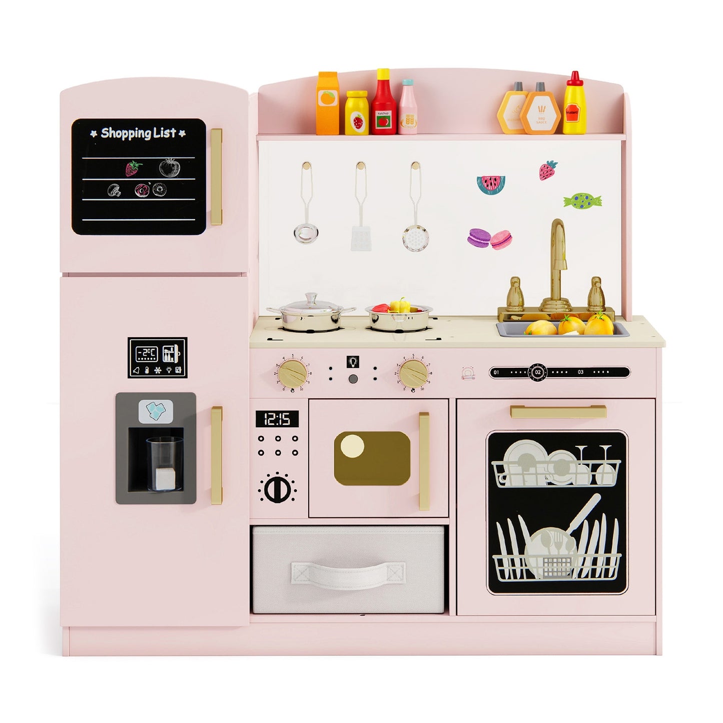 Kids Kitchen Playset With Chalkboard, Ice Maker, Microwave, Pink Play Kitchen Sets Pink at Gallery Canada