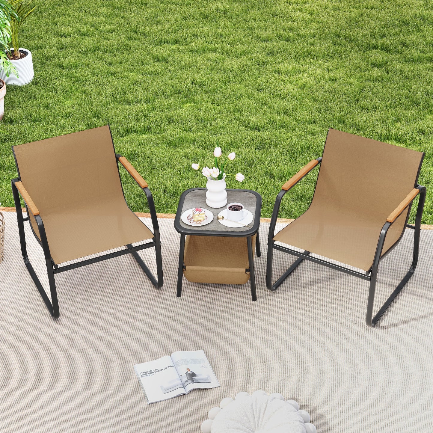 3 Pieces Patio Furniture Set Outdoor Bistro Conversation Set, Brown Patio Conversation Sets at Gallery Canada