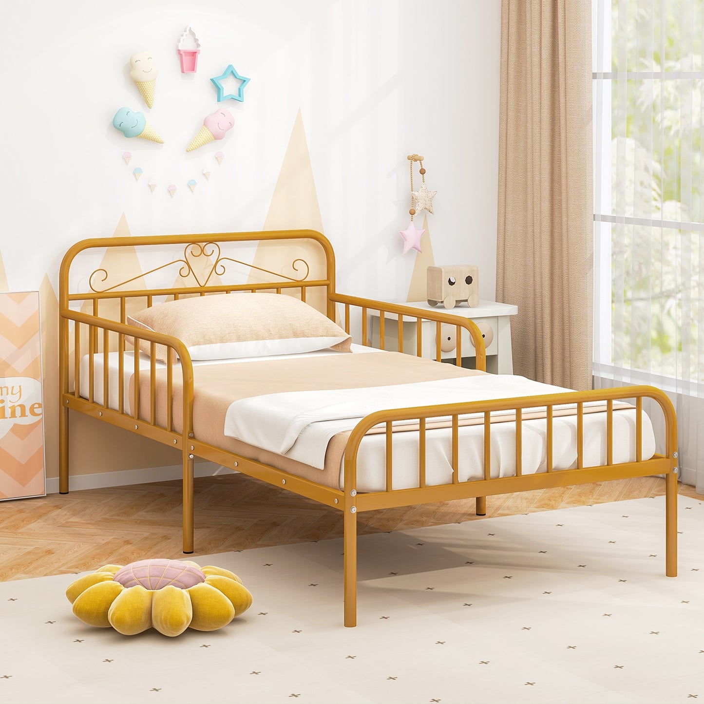 Twin Size Bed Frame with Headboard and Safety Side Guardrails, Gold Simple Bed Frame at Gallery Canada