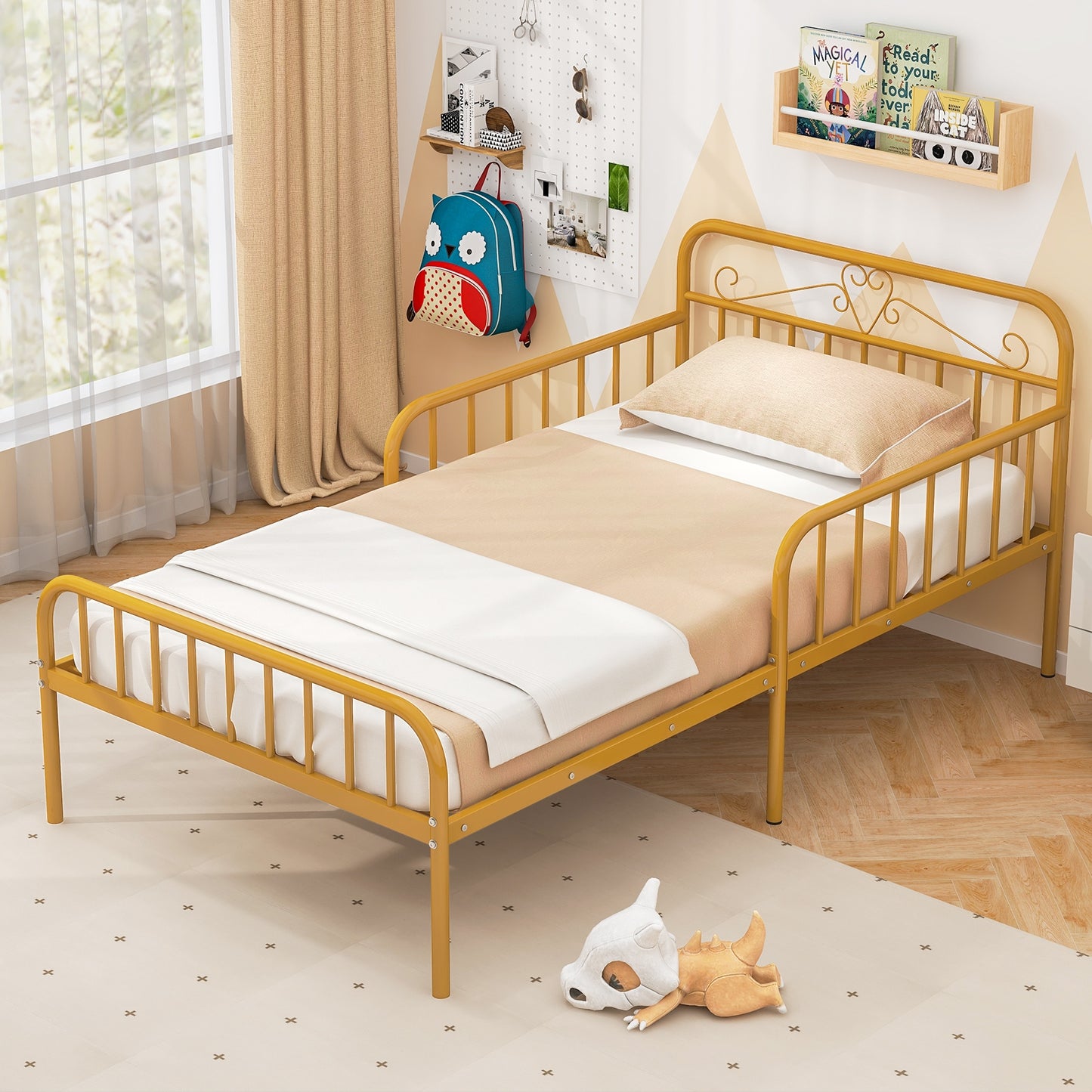 Twin Size Bed Frame with Headboard and Safety Side Guardrails, Gold Simple Bed Frame at Gallery Canada