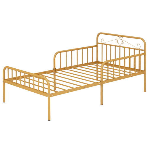 Twin Size Bed Frame with Headboard and Safety Side Guardrails, Gold